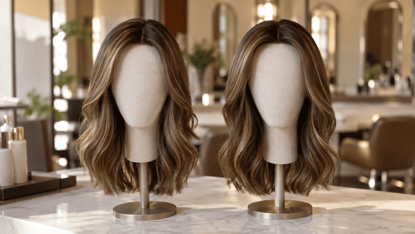 Natuurlijk ogend haarwerk op een standaard in de privésalon van Adore My Wig.